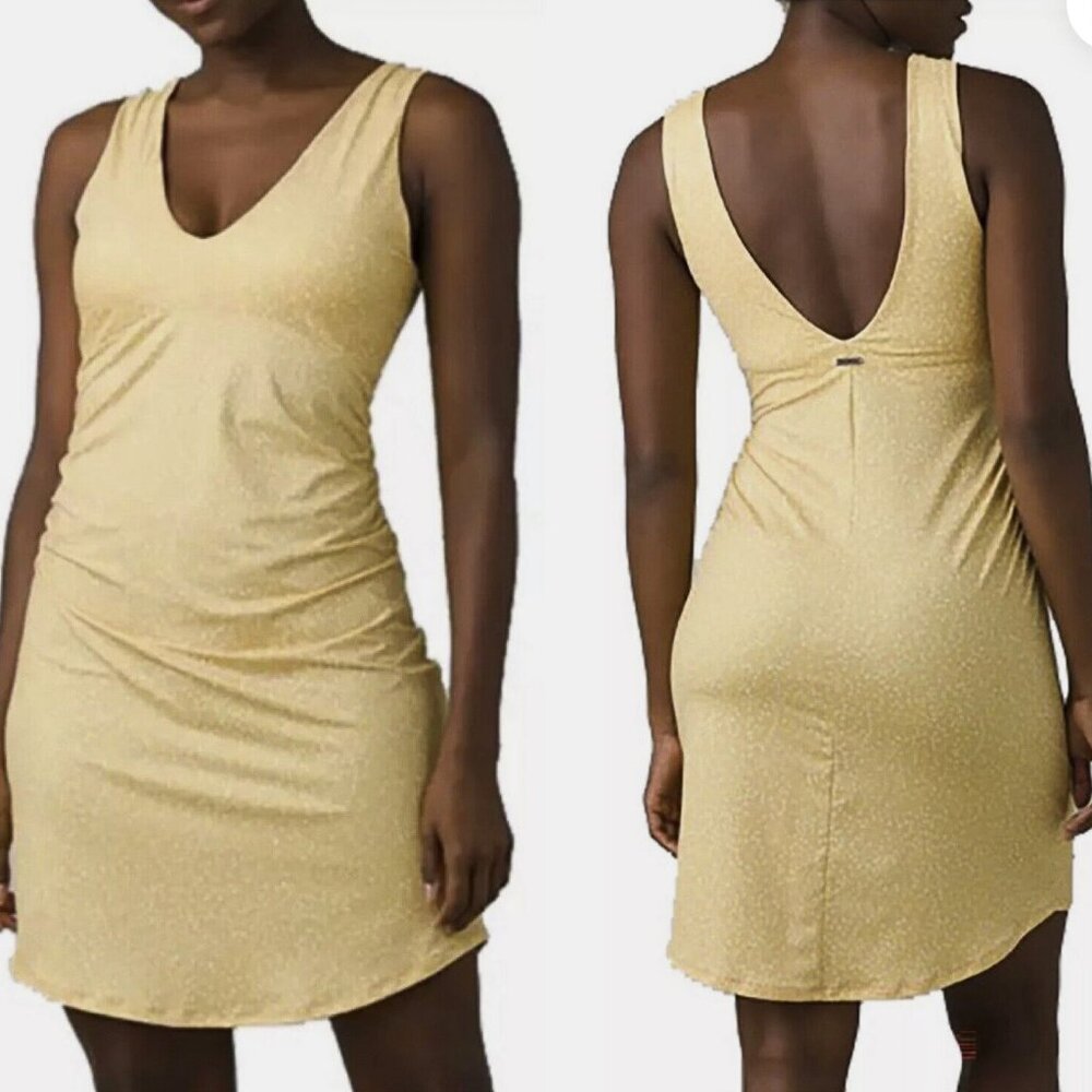 prAna Pearl Isla Dress Butter Yellow Small Birch Spots Athletic Dress Sz M - NWT